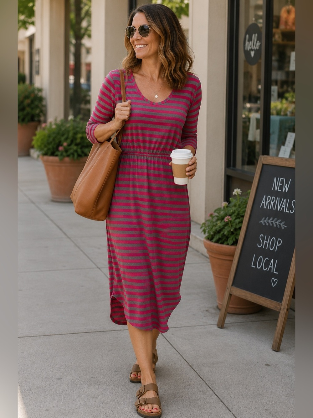 NWT Horny Toad Striped Midi Dress Small Pink Gray Organic Cotton Blend